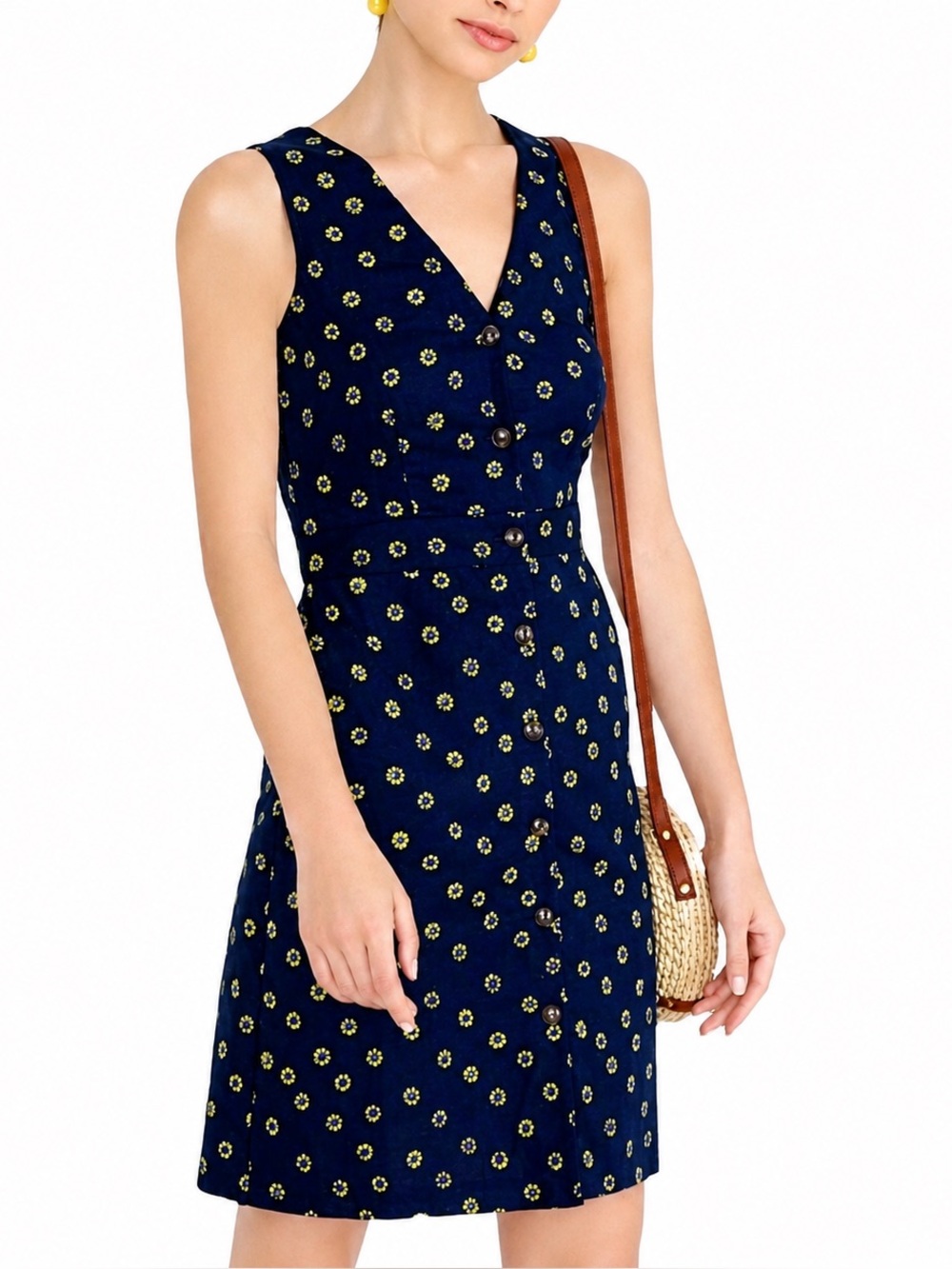 J. Crew Linen Navy Daisy Dress 2 Sheath Button Down Sleeveless Mini Sunflower